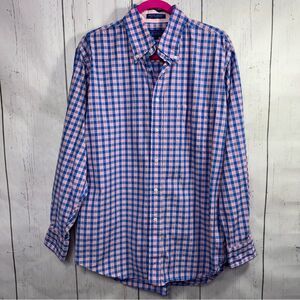 J. McLaughlin Mens Check Button Down Shirt Pink Blue Plaid Italian Cotton Preppy